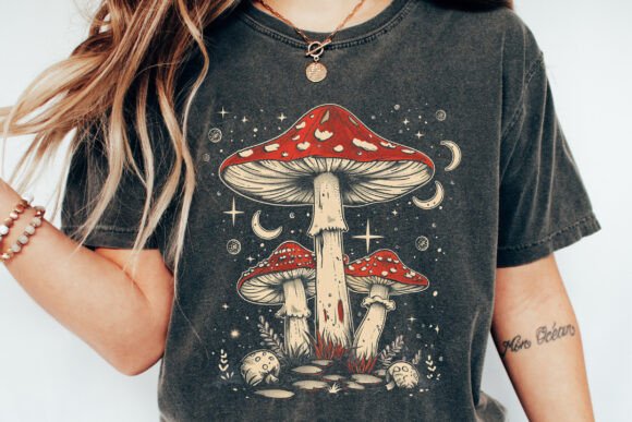Person wearing a t-shirt with mushroom design
