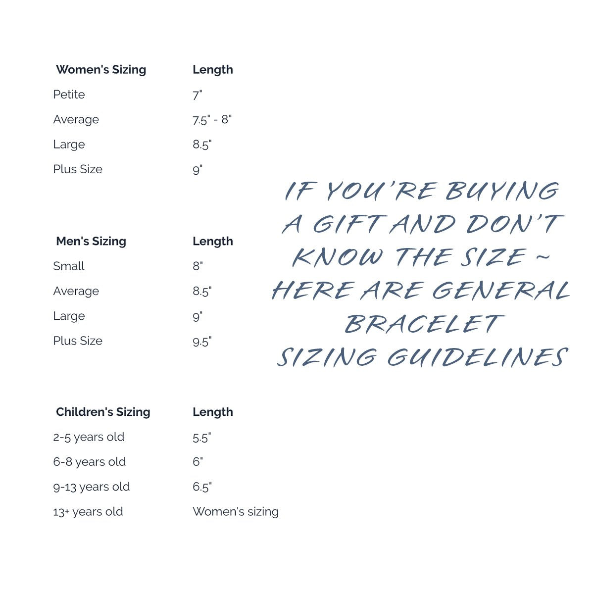 Bracelet sizing chart with dimensions for women, men, and children on a white background.