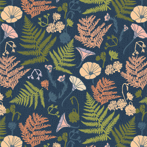 Floral and fern pattern on a dark blue background