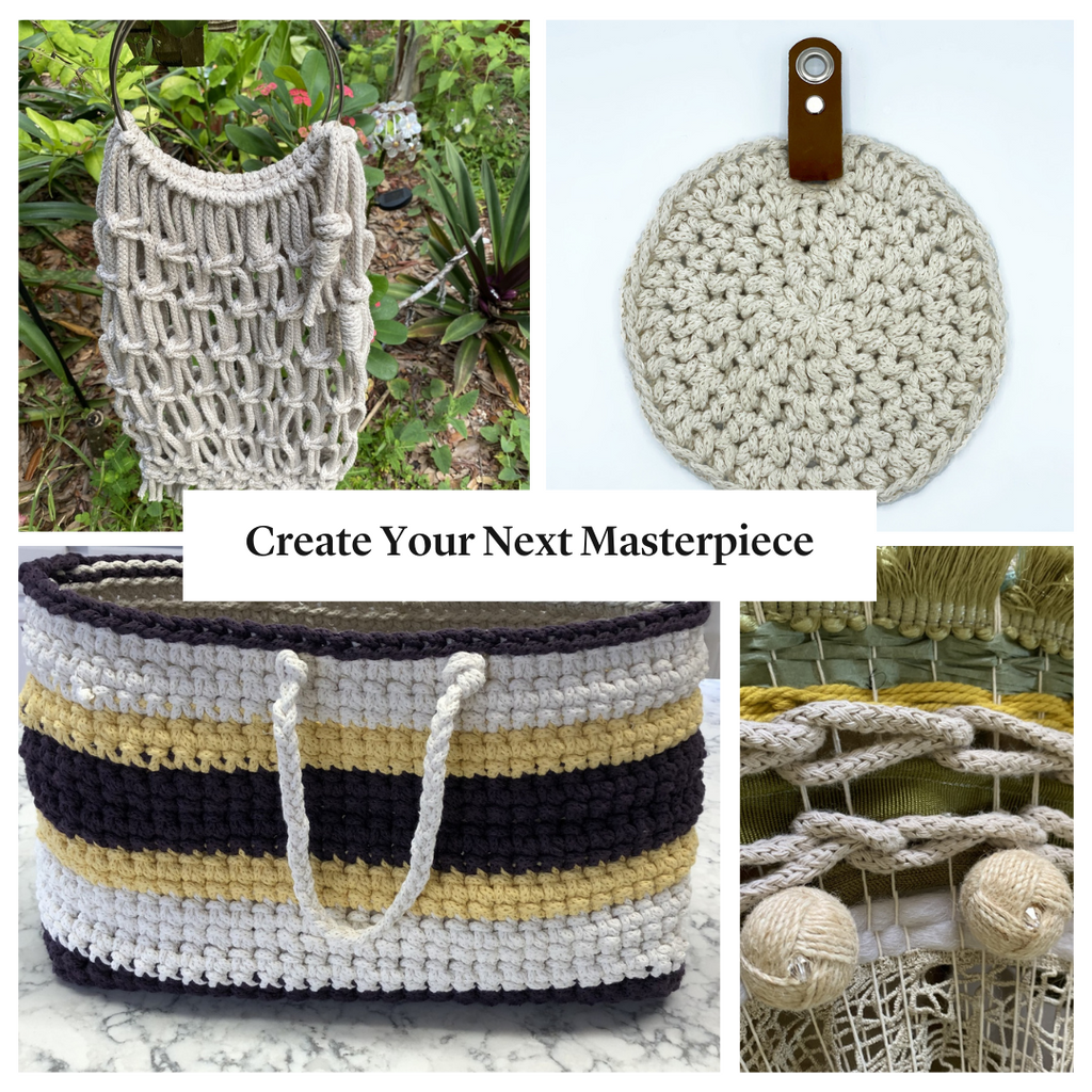 Collage of various crochet items including a bag, pot holder, basket, and yarn balls with text 'Create Your Next Masterpiece'.