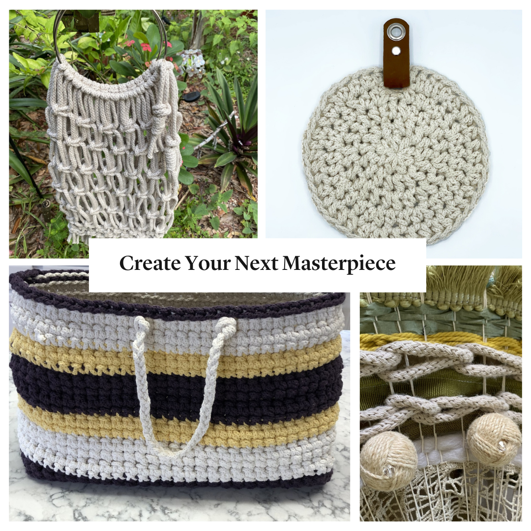 Collage of various crochet items including a bag, pot holder, basket, and yarn balls with text 'Create Your Next Masterpiece'.
