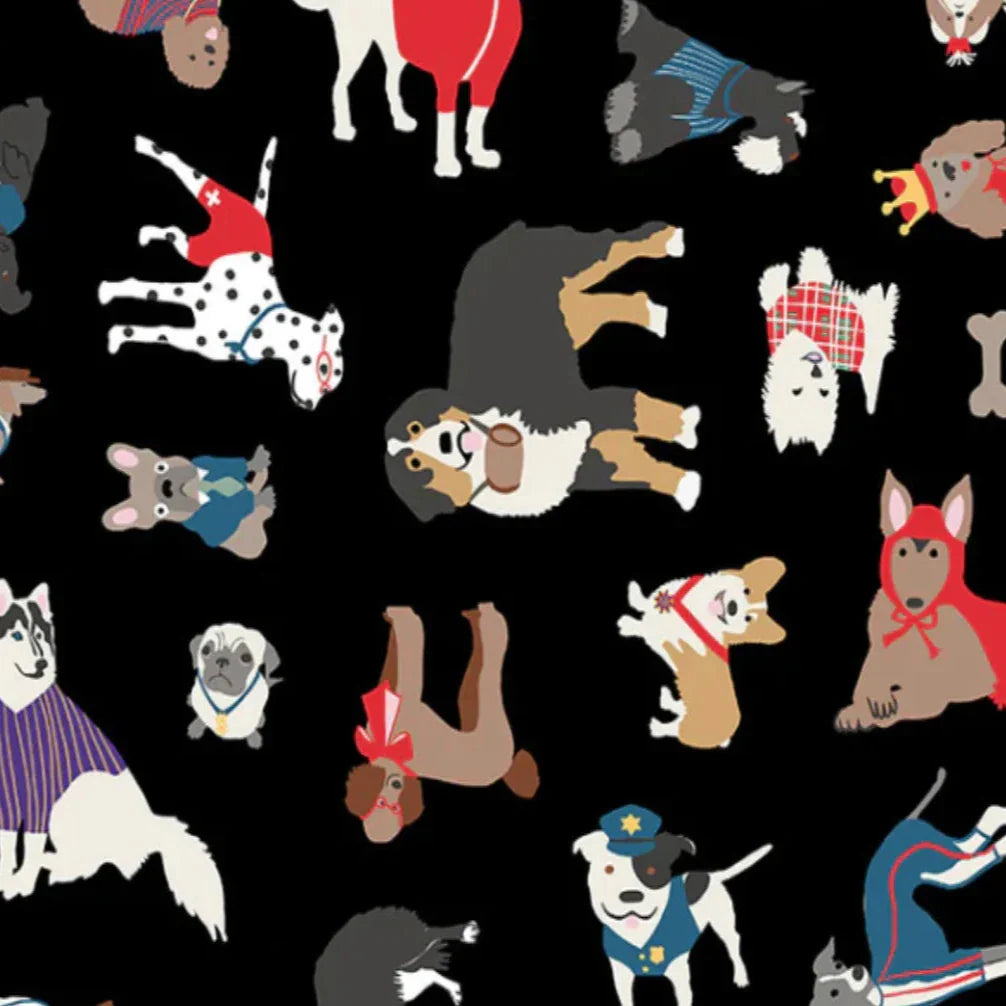 Pattern of cartoon dogs in various poses and outfits on a black background