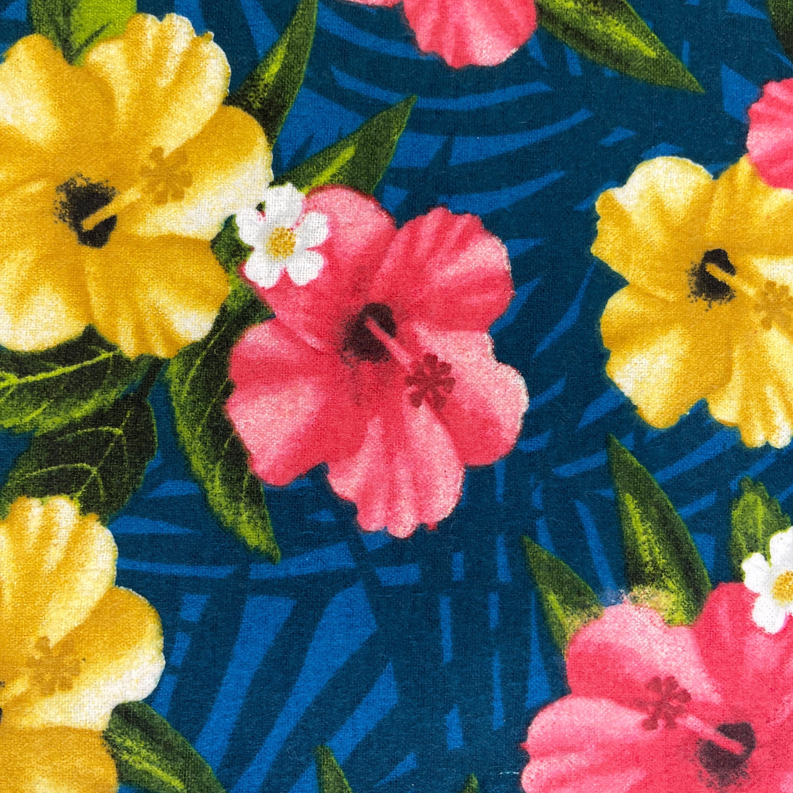 Pattern of pink and yellow flowers on a blue background