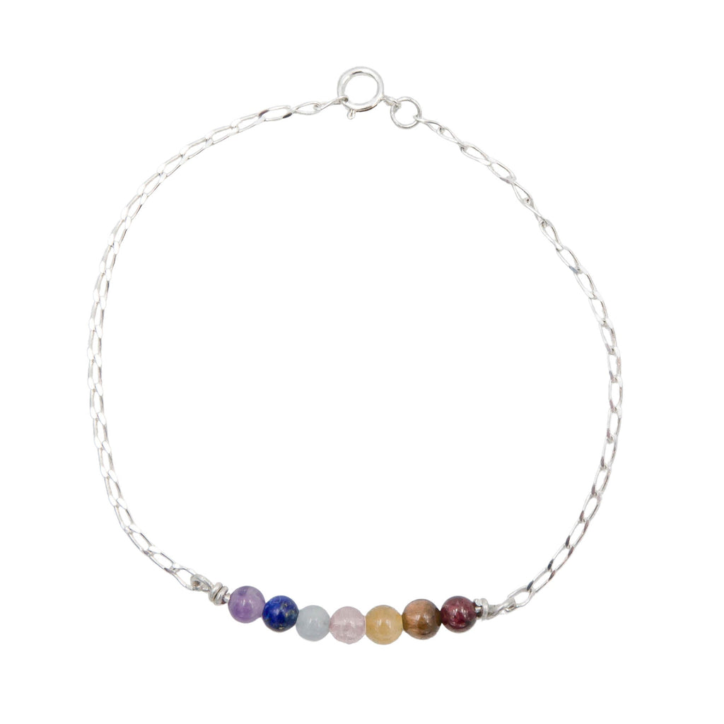 Multicolored beaded anklet on a white background