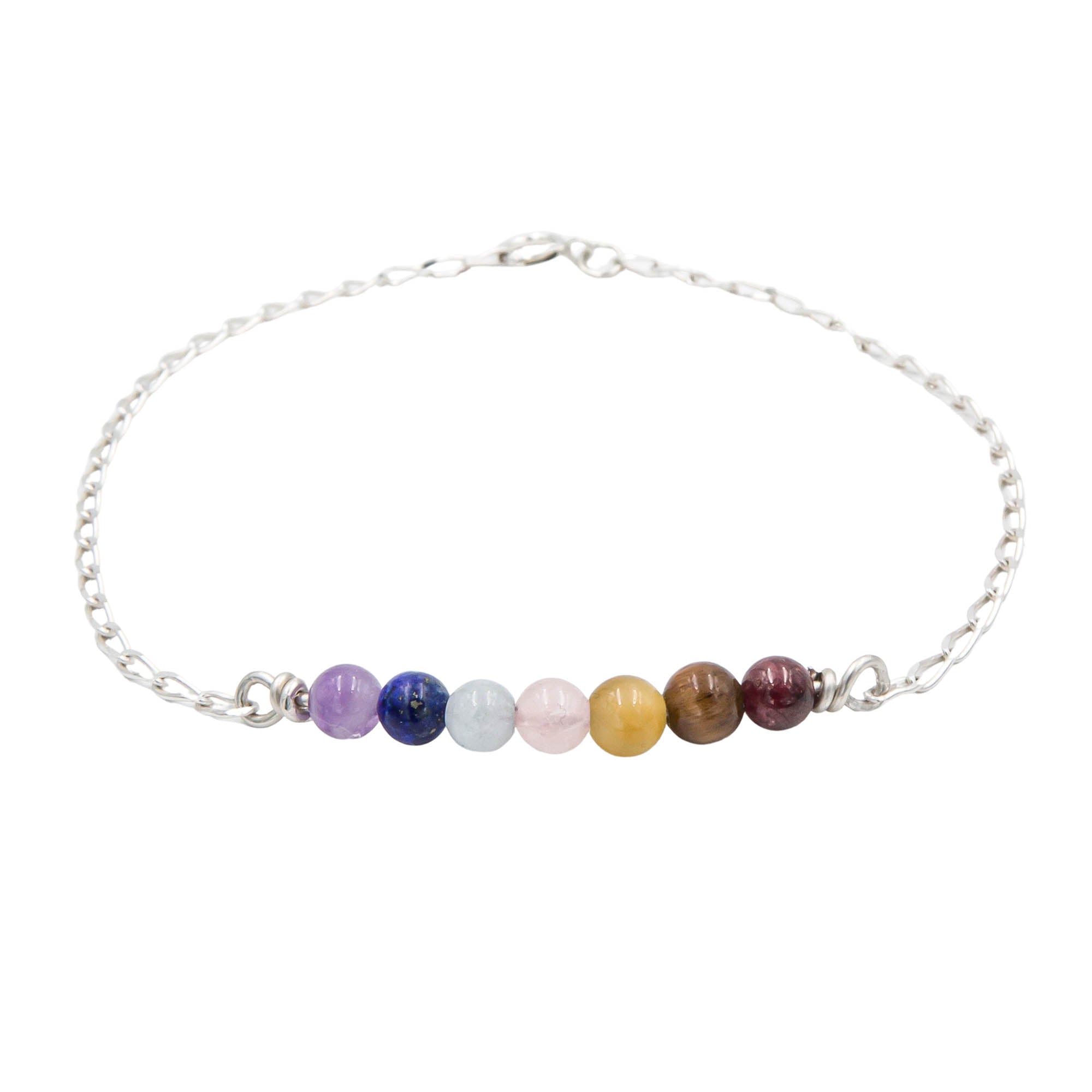 Anklet with multicolored beads on a silver chain against a white background