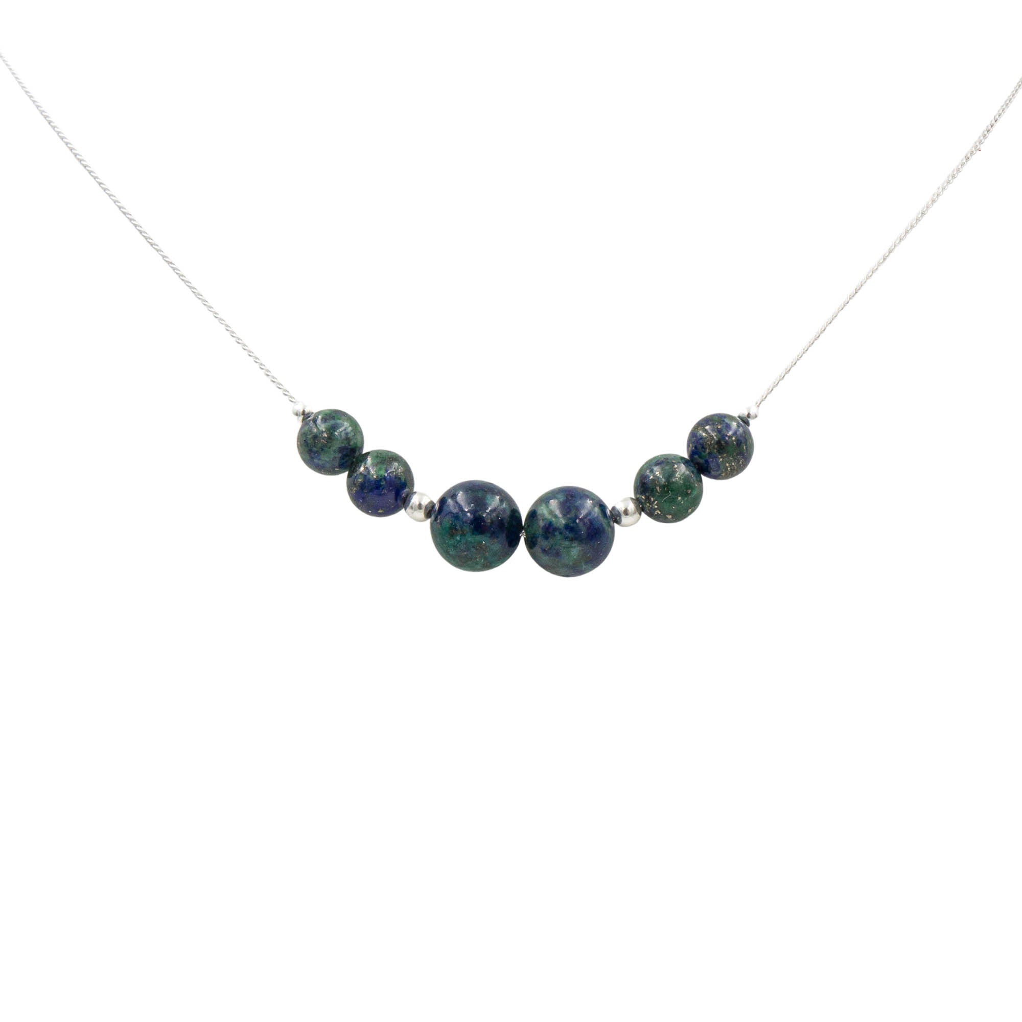 Necklace with 6 blue azurite beads on a white background