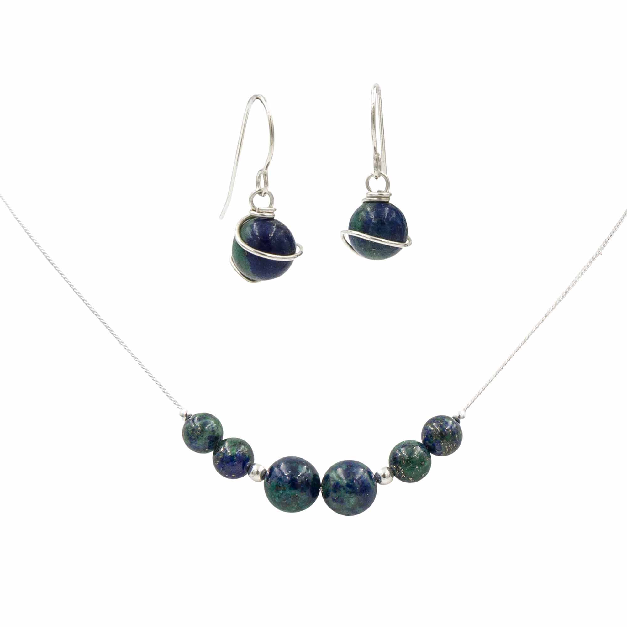 Azurite jewelry set with necklace and earrings featuring  on a white background
