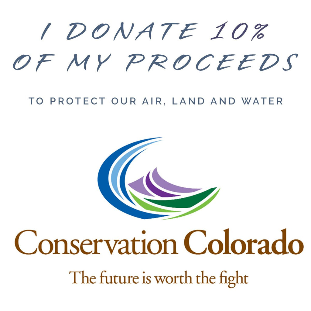 Logo and text of Conservation Colorado with a pledge to donate 10% of proceeds to environmental causes.
