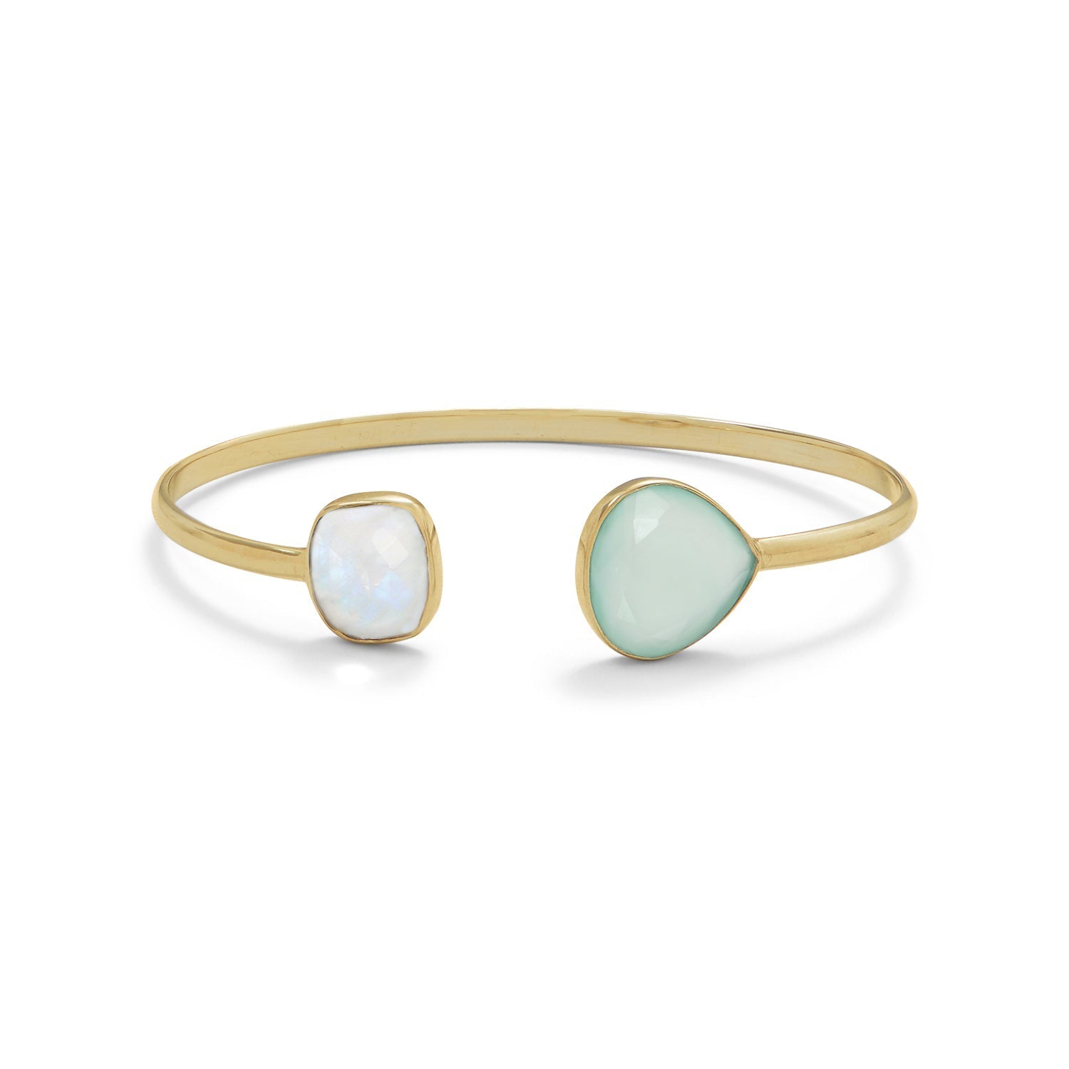 Gold bangle with two gemstones, one white and one light green, on a white background