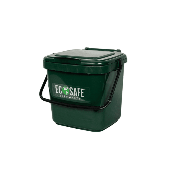 Green compost bin with 'Eco-Safe' logo on a white background