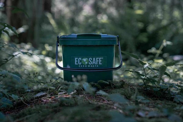 Green Eco-Safe compost bin in a forest setting