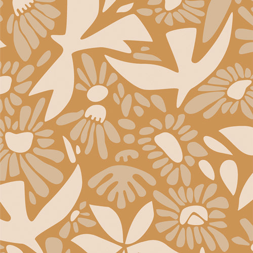 Pattern of beige flowers and birds on a brown background