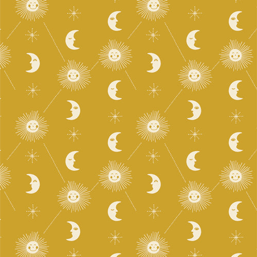 Pattern of suns and moons on a yellow background