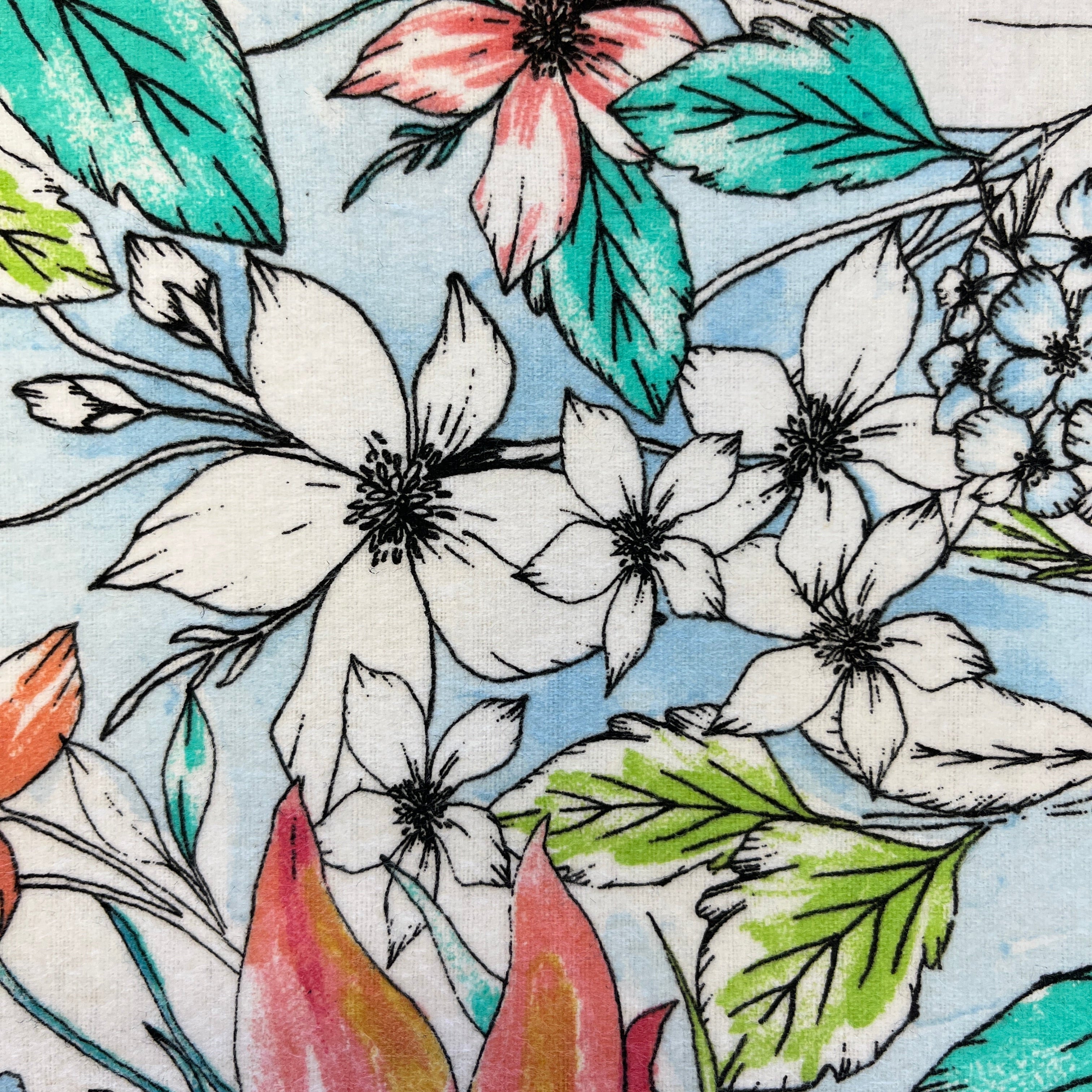 Colorful floral pattern with white flowers on a blue background