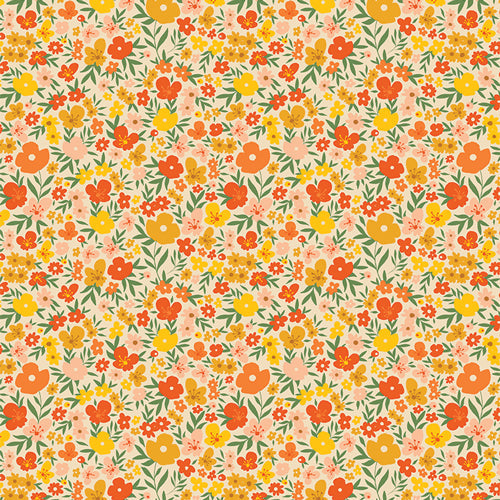 Pattern of small flowers in orange, yellow, and green on a light background
