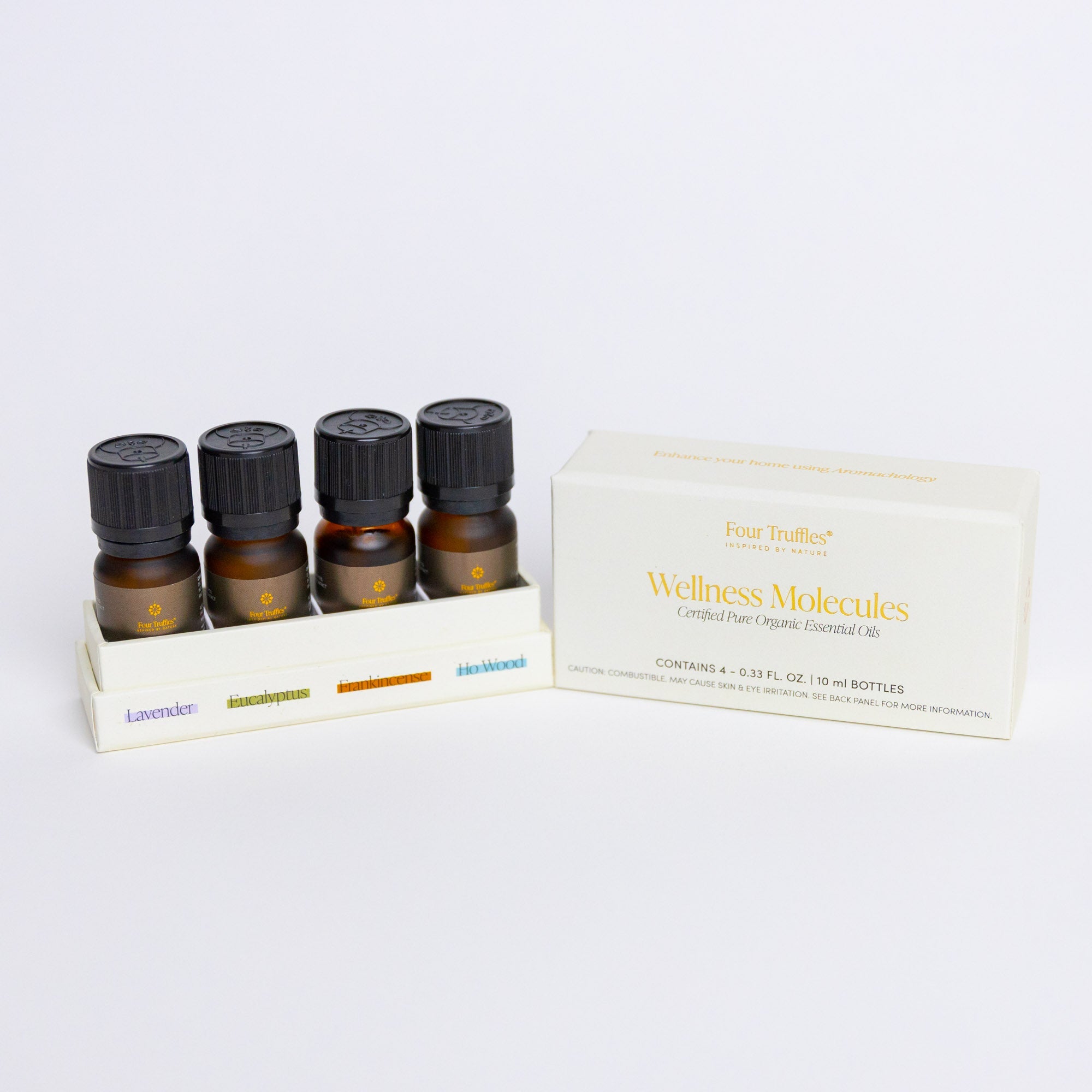 Set of essential oil bottles with a box labeled 'Wellness Molecules' on a white background