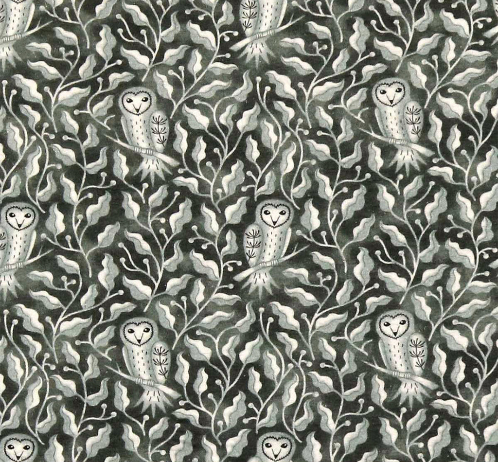 Pattern of owls among leaves on a black background