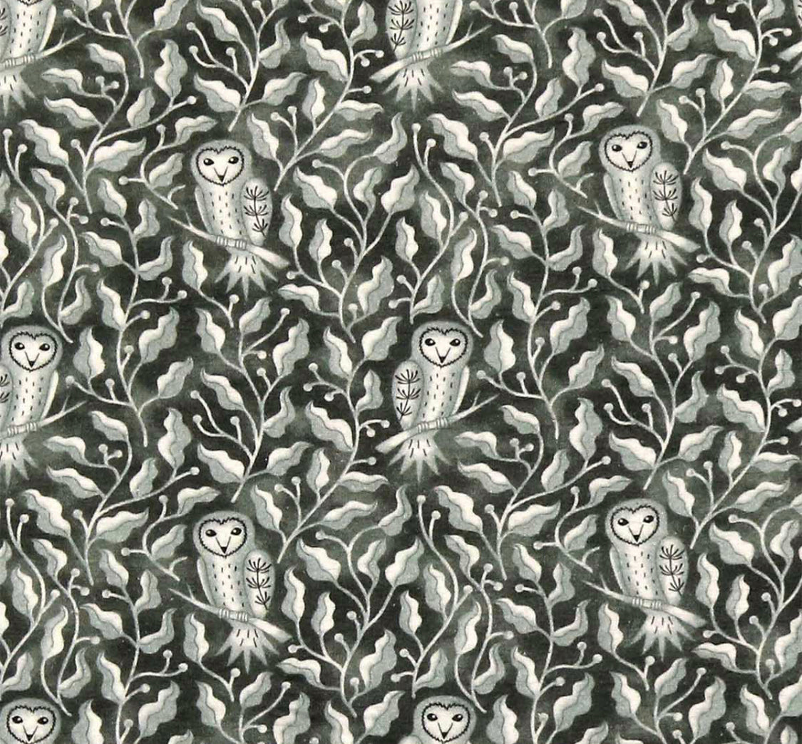 Pattern of owls among leaves on a black background