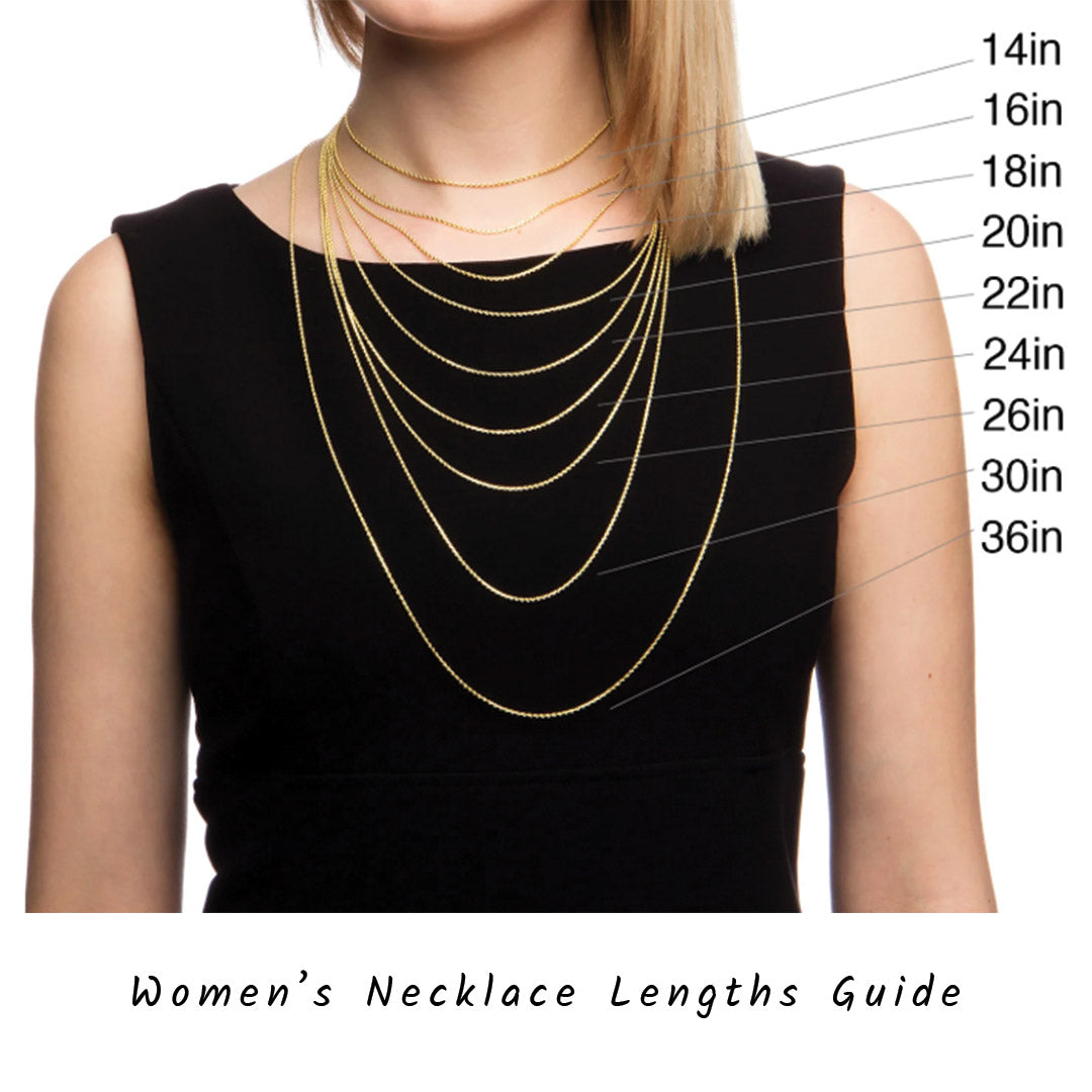 Woman wearing gold necklaces with measurement labels on a white background