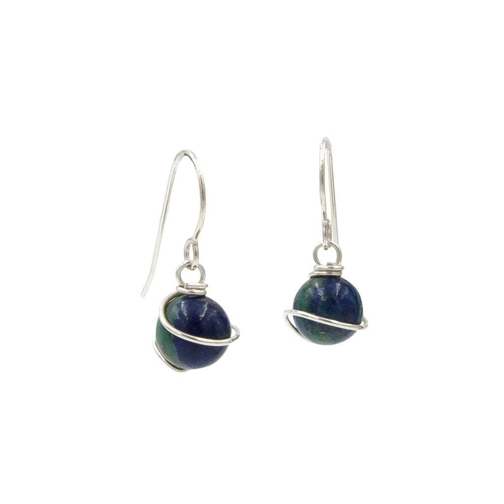 Pair of silver earrings with blue azurite on a white background