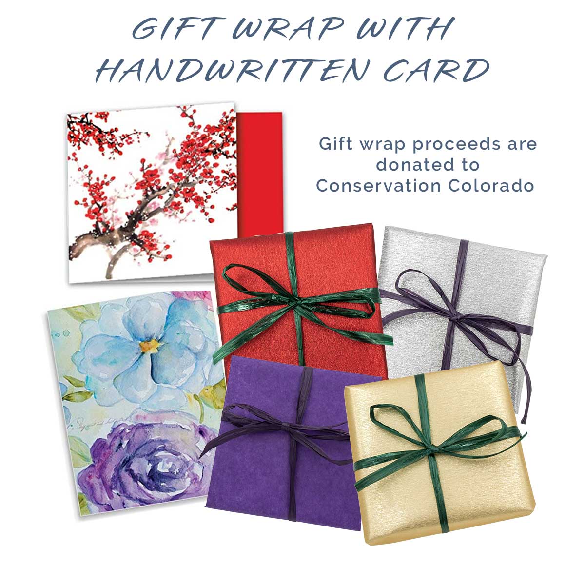 Gift wrap with colorful ribbons and floral cards, with text about donation to Conservation Colorado.