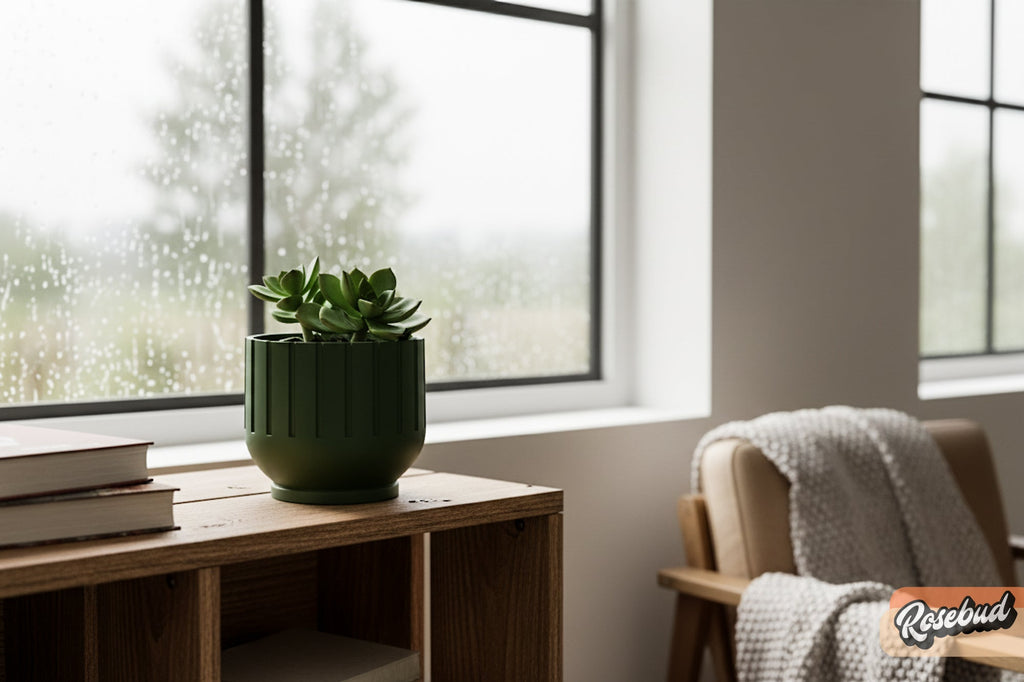 Green potted plant on a wooden shelf with a blurred background