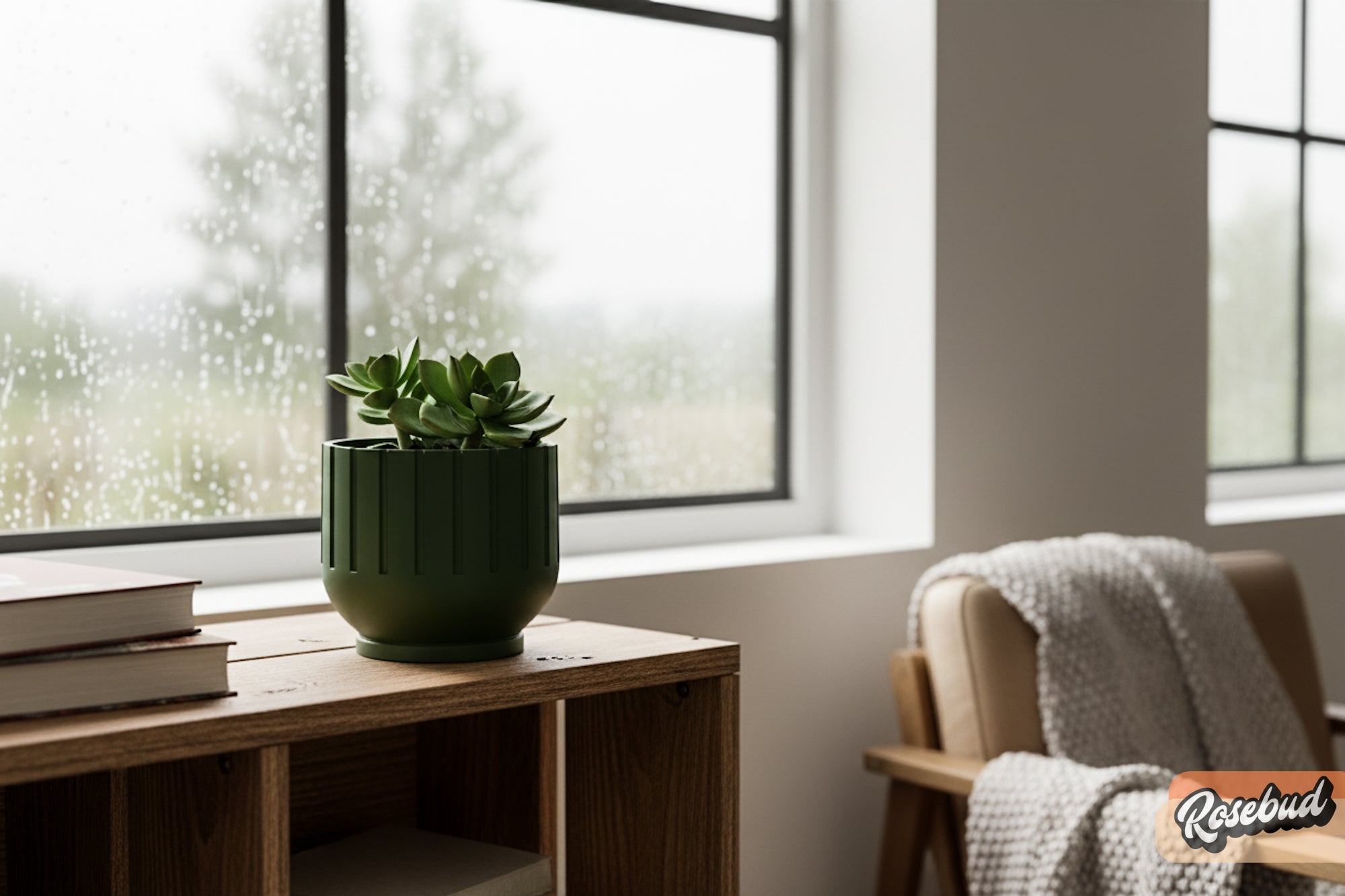Green potted plant on a wooden shelf with a blurred background