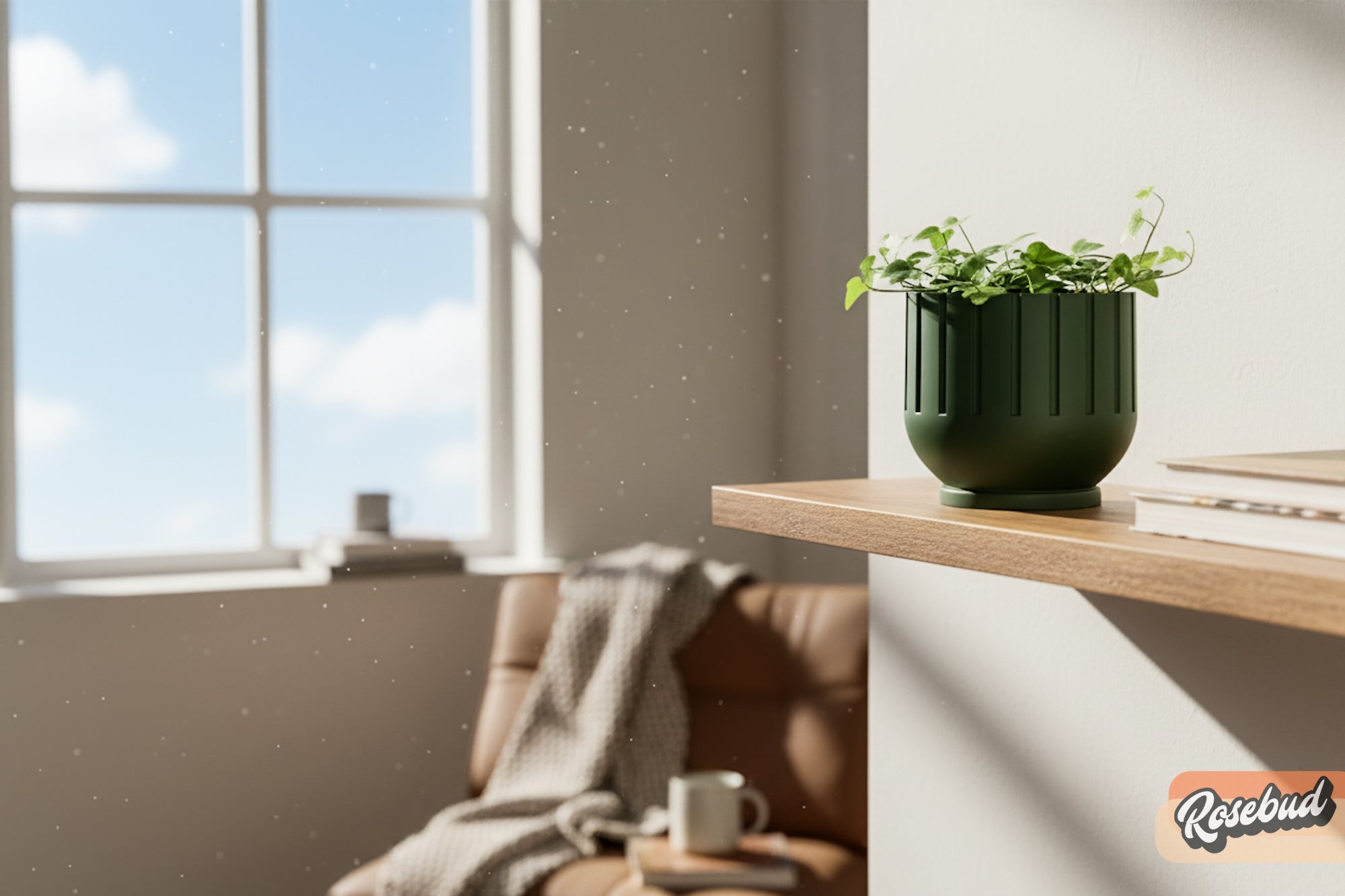 Green potted plant on a wooden shelf with a window and chair in the background