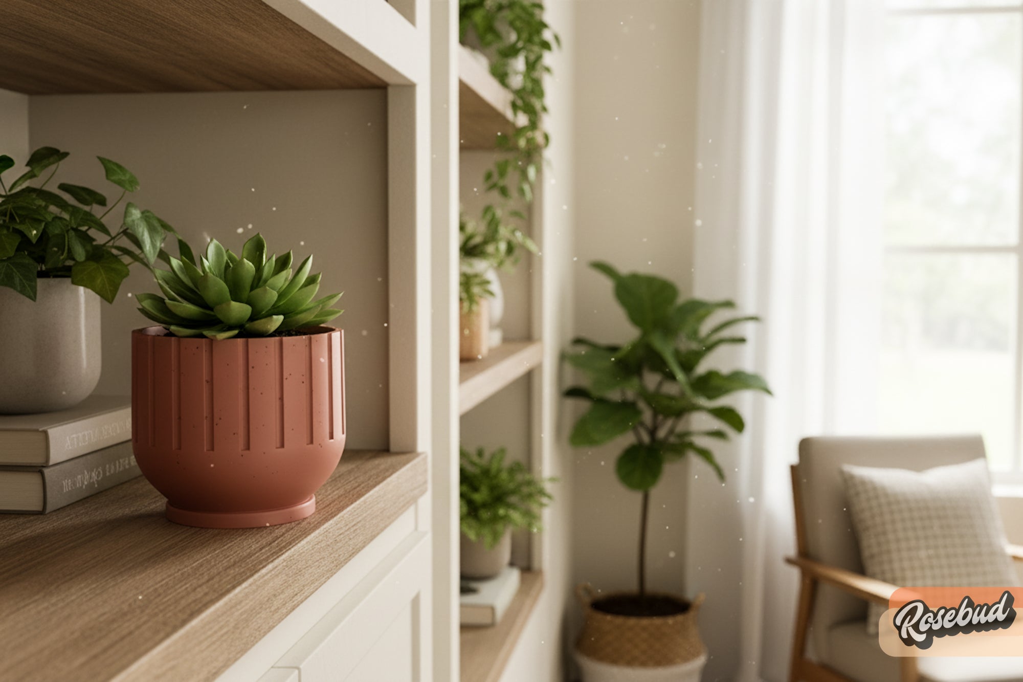 Potted plants on a wooden shelf with a blurred 'Rosebud' logo in the corner