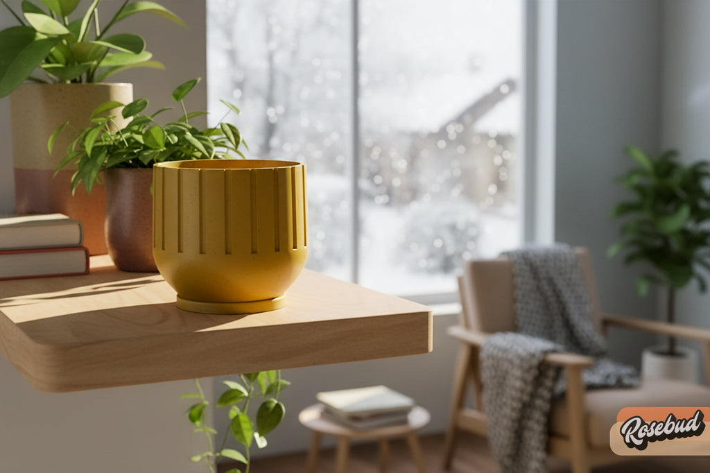 Yellow pot with plants on a wooden table in a bright room with large windows.