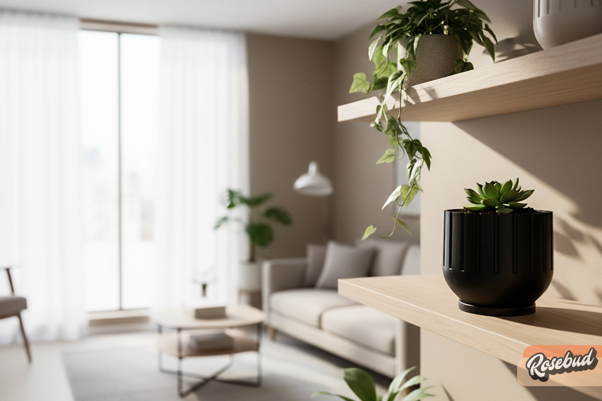 Modern living room showing black potted plant on shelf in foreground.