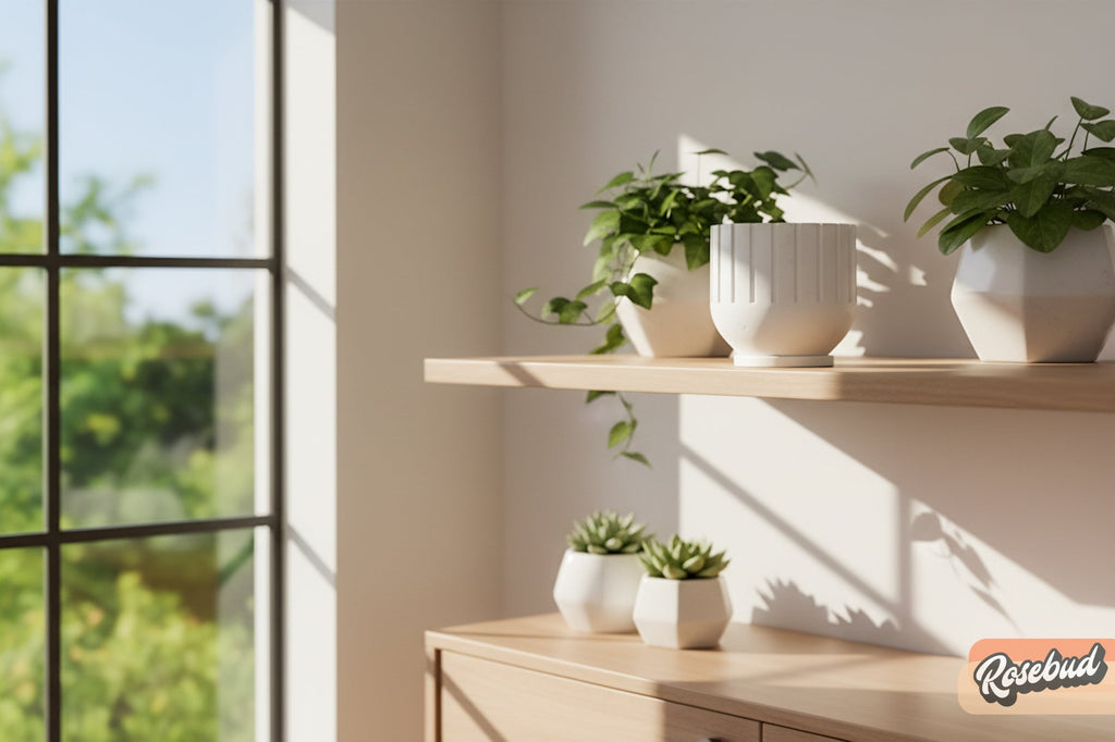 Potted plants on a wooden shelf with a blurred window background
