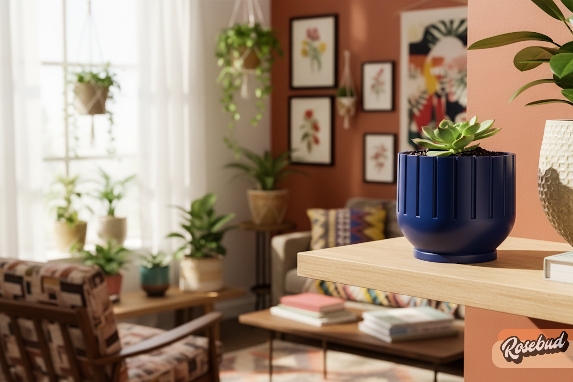 Living room with a blue pot on a wooden shelf, surrounded by plants and books.