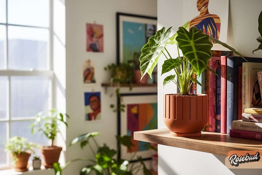 Brown potted plant on a shelf with books and colorful artwork in the background