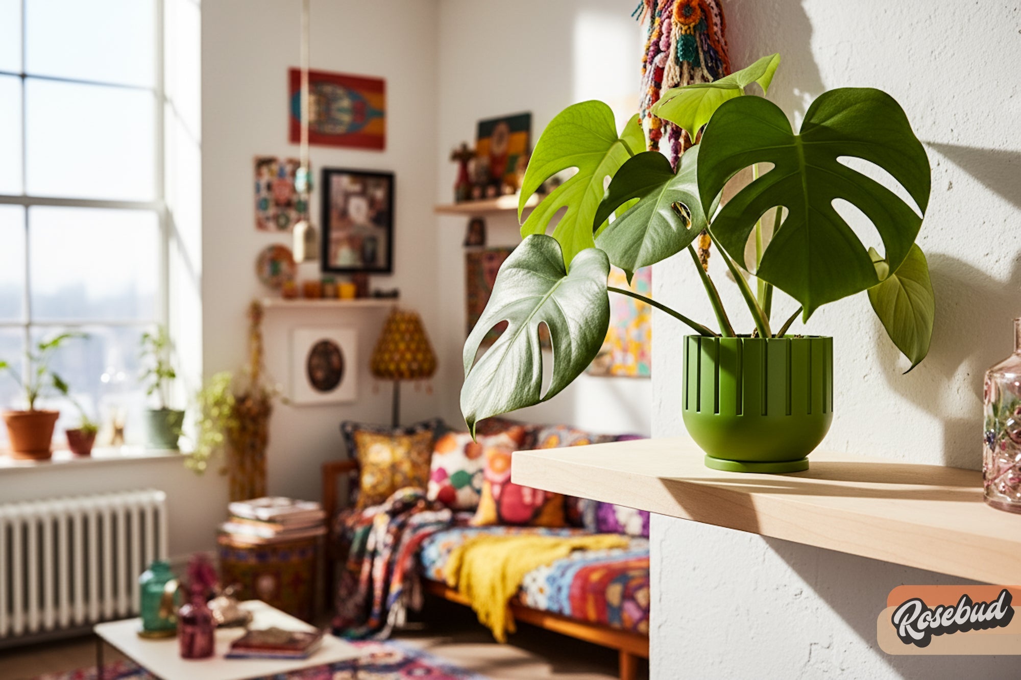 Living room showing a plant in a lime green pot on a shelf, colorful furniture, and a window.