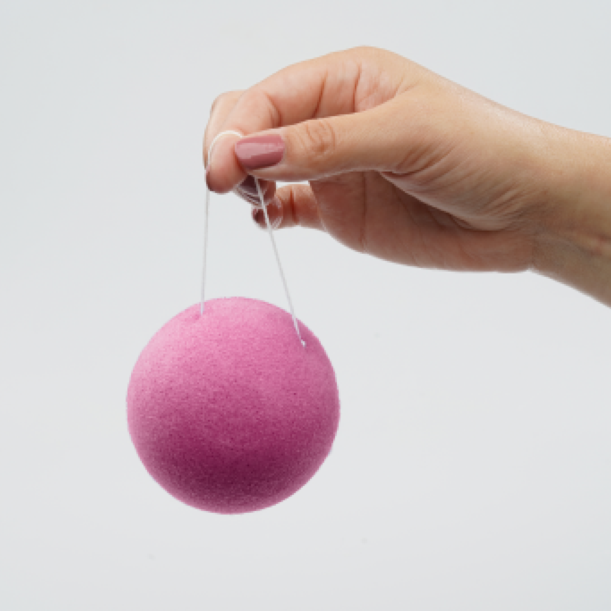 Hand holding a pink exfoliating sponge with a string against a light gray background