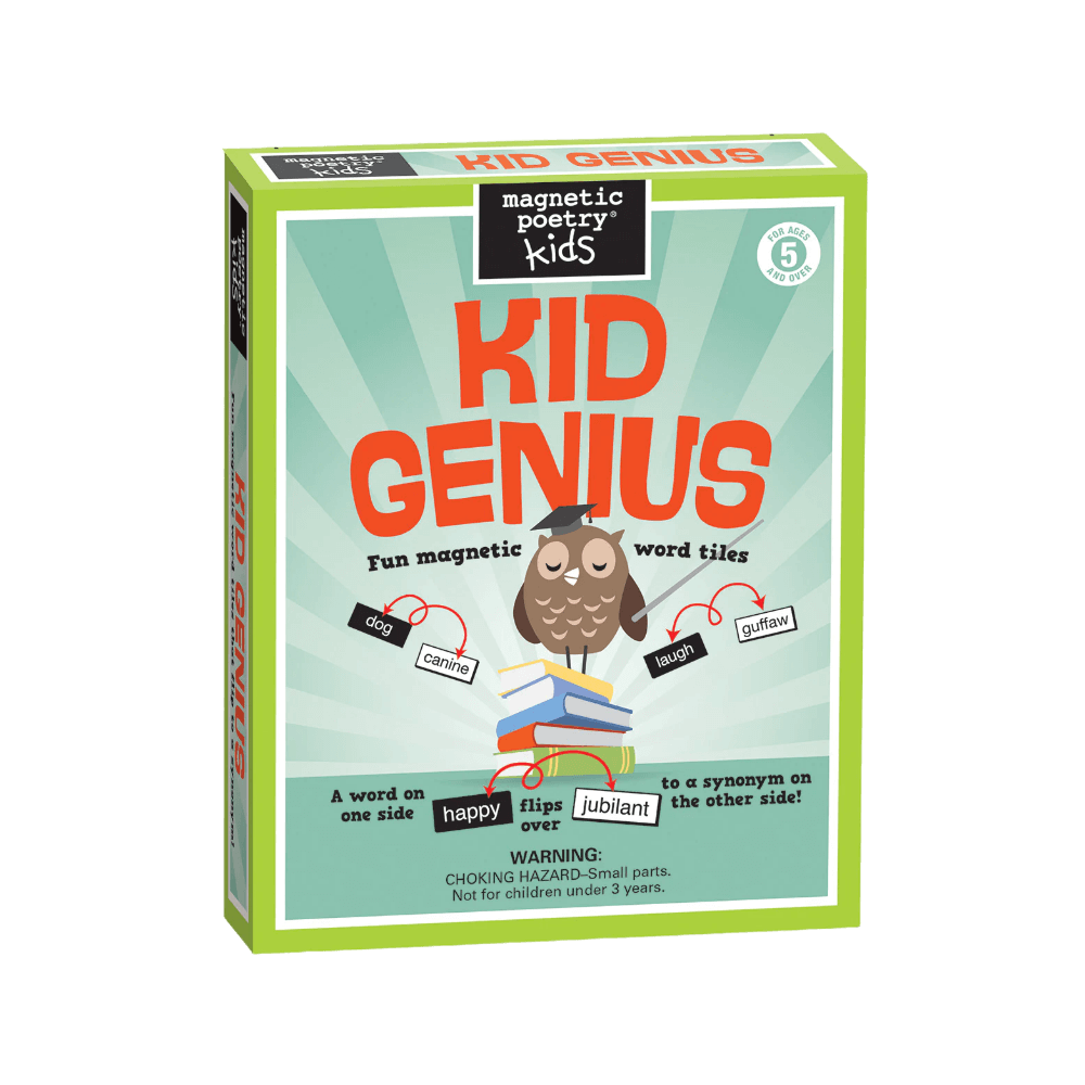 Box of 'Kid Genius' magnetic poetry game for kids with an owl illustration on a black background.