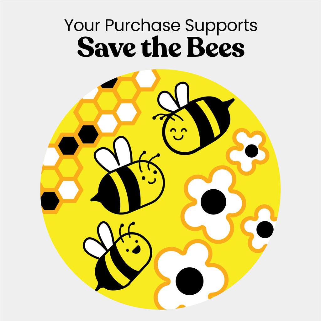 Circular design with bees and flowers on a yellow background, supporting 'Save the Bees' cause.
