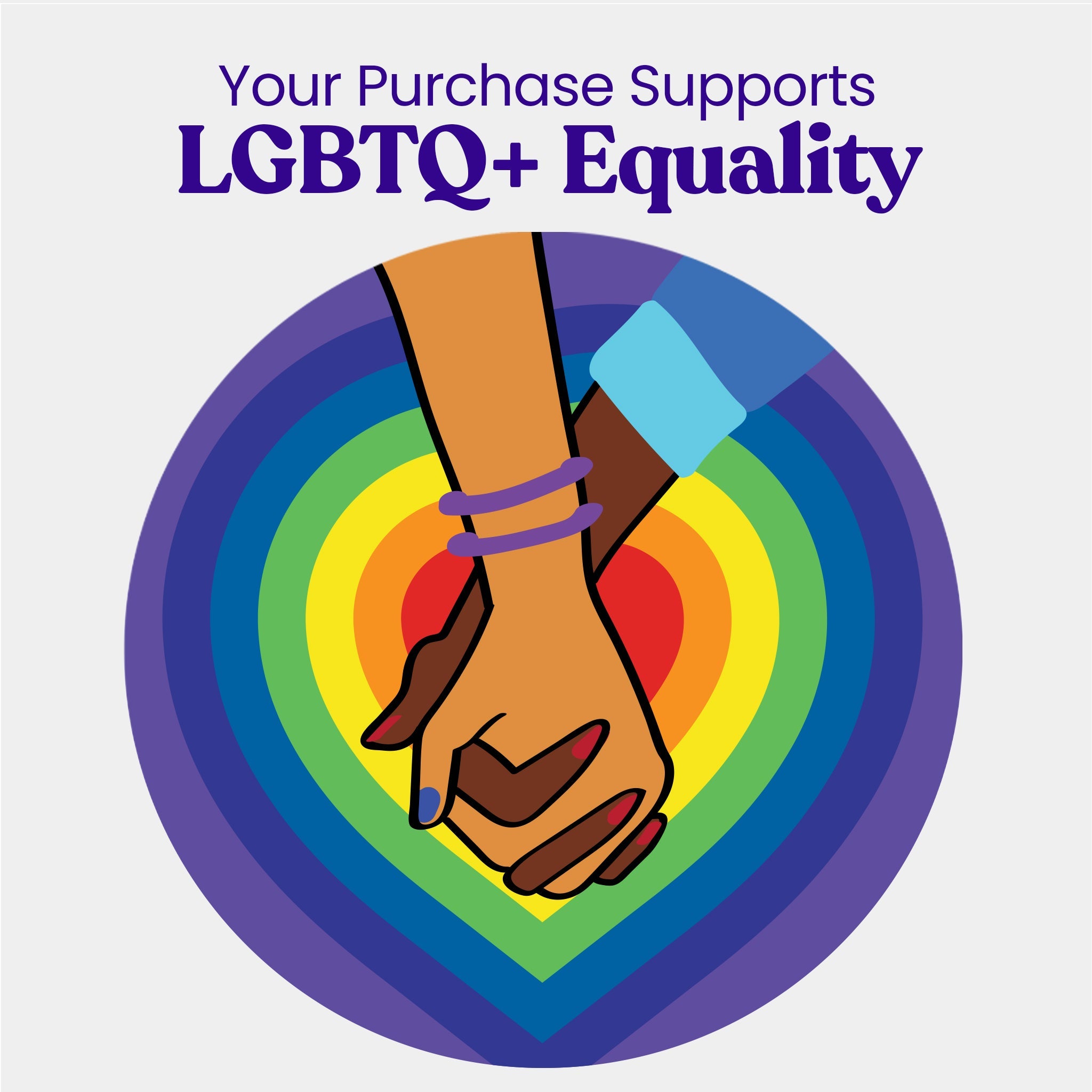 Illustration of two hands holding each other with a rainbow heart in the center, surrounded by text about supporting LGBTQ+ equality.