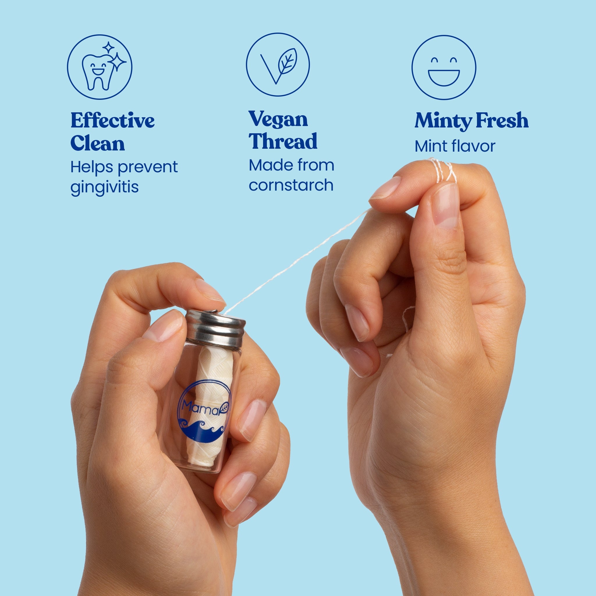 Hands using dental floss with product features highlighted on a blue background