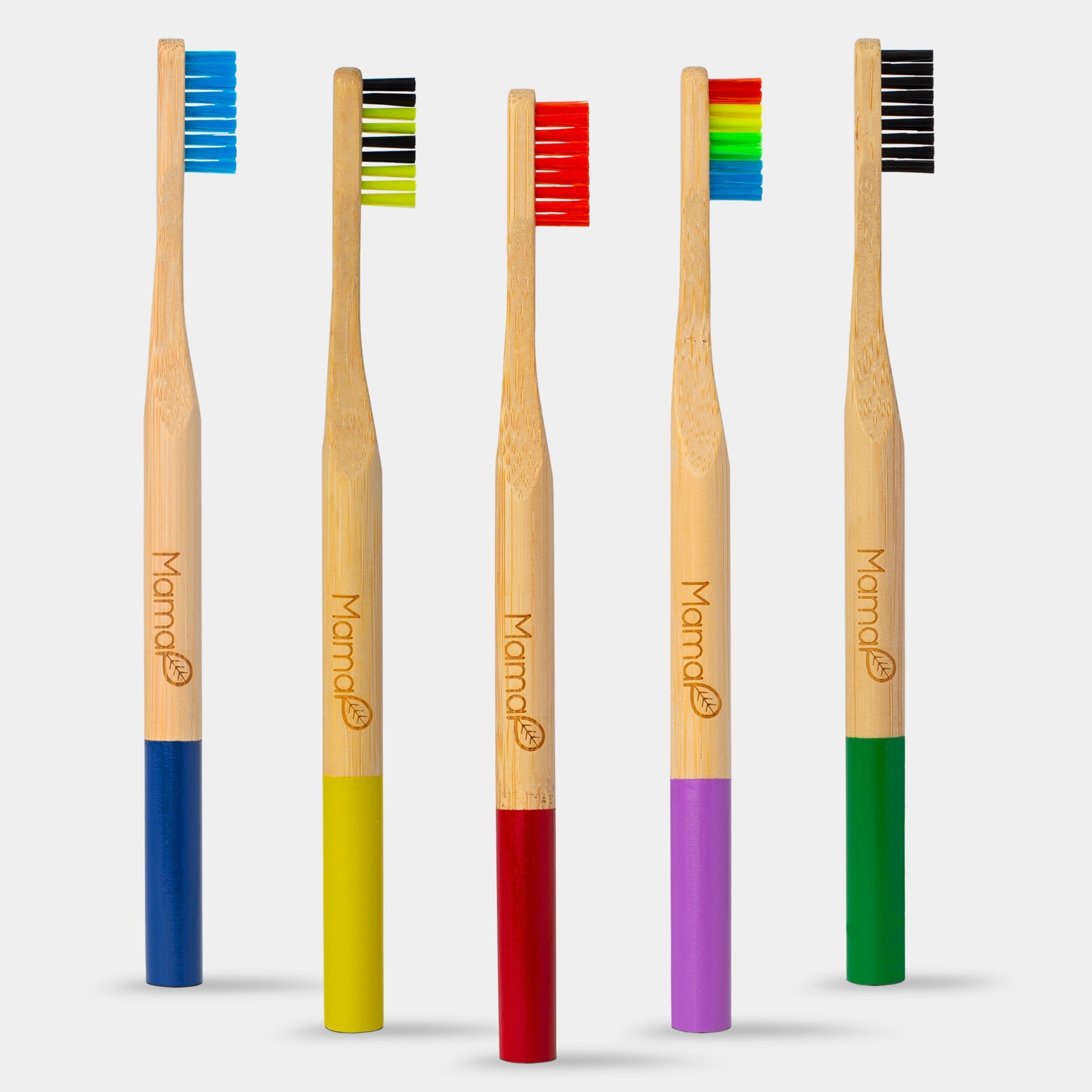 Five bamboo toothbrushes with colorful bristle covers on a white background