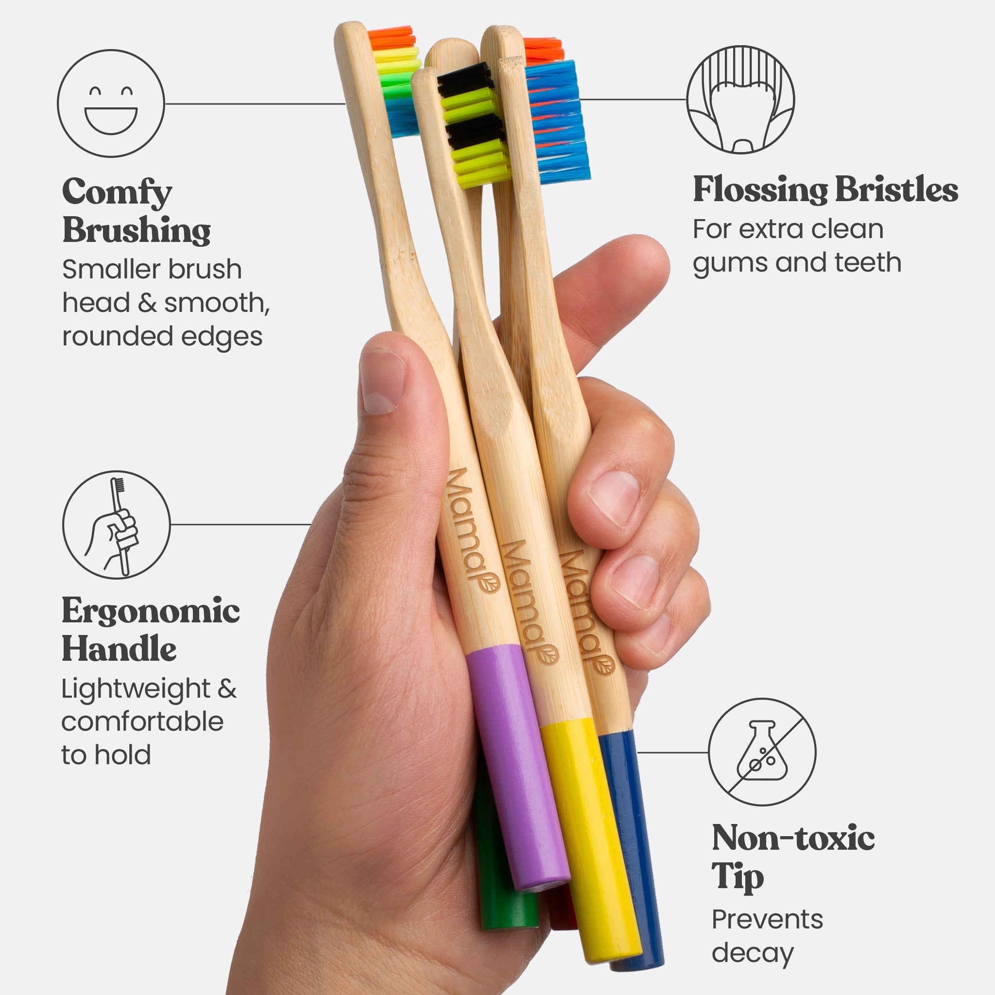 Three bamboo toothbrushes with colorful bristles held in a hand, featuring text on dental benefits.