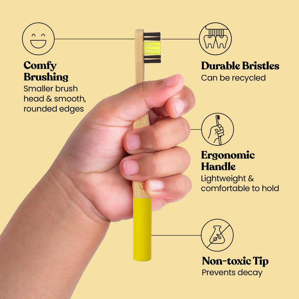Child's hand holding a yellow toothbrush with features highlighted on a beige background