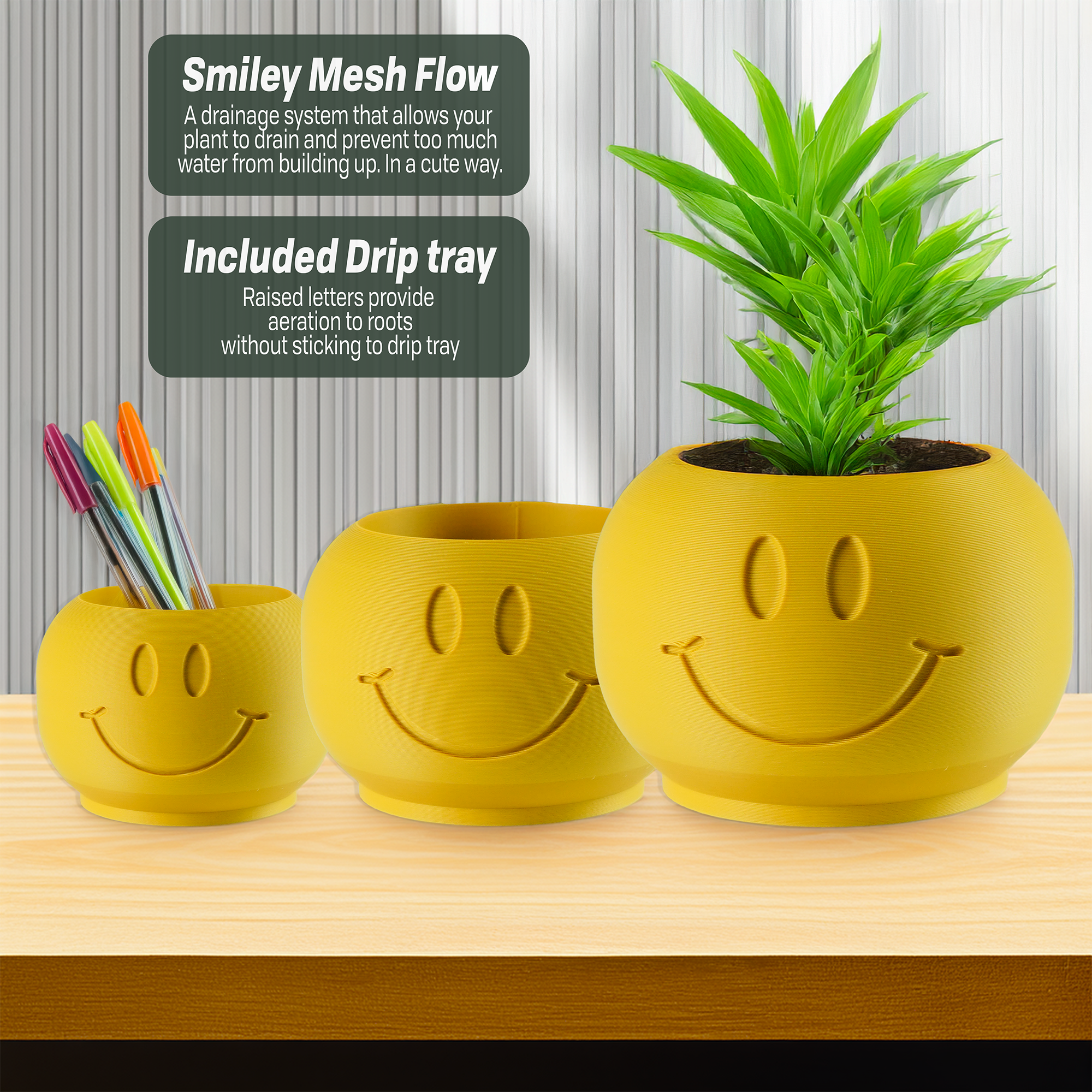 Three yellow smiley face planters with a small plant, pen holder, and text overlay on a wooden surface.