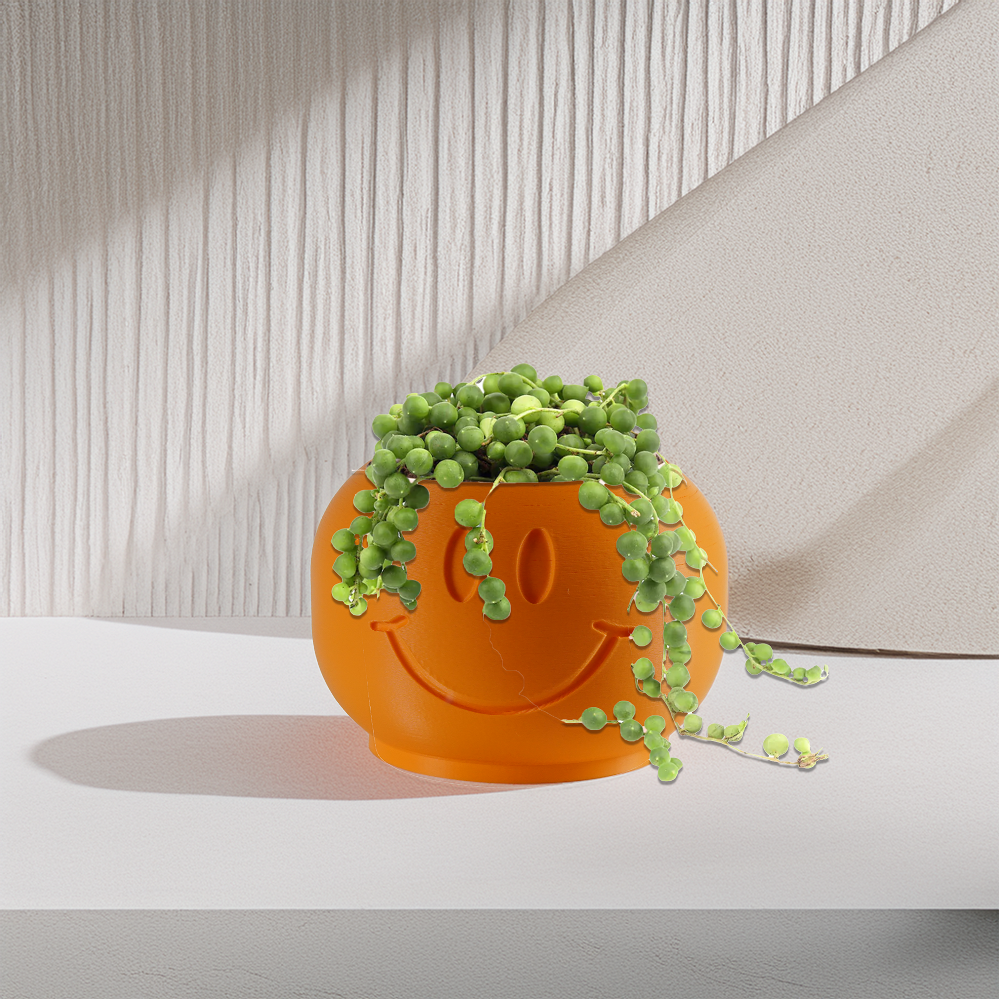 Orange smiley face planter with a green succulent on a neutral background