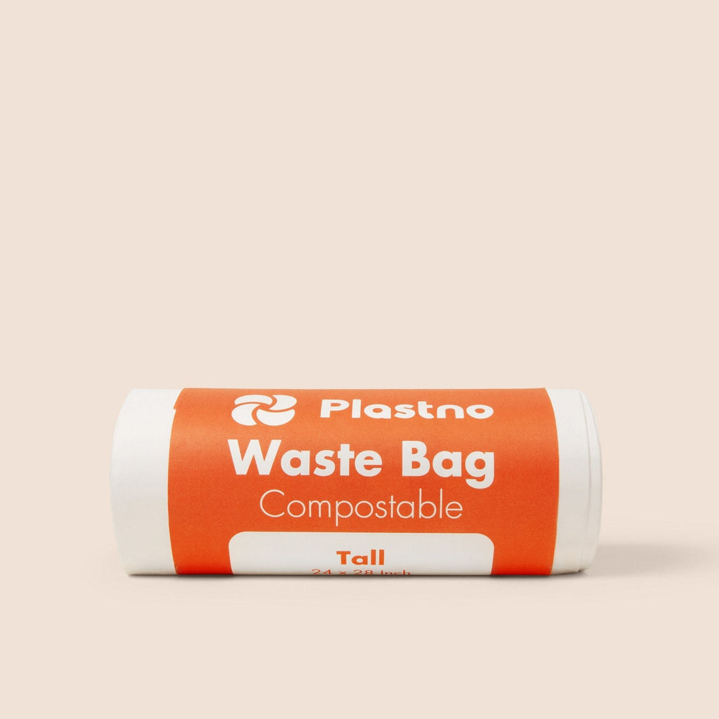 Roll of Plastno compostable waste bags on a beige background
