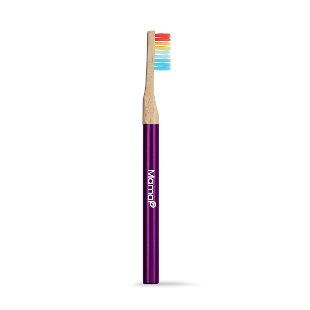 Purple toothbrush with rainbow bristles on a white background