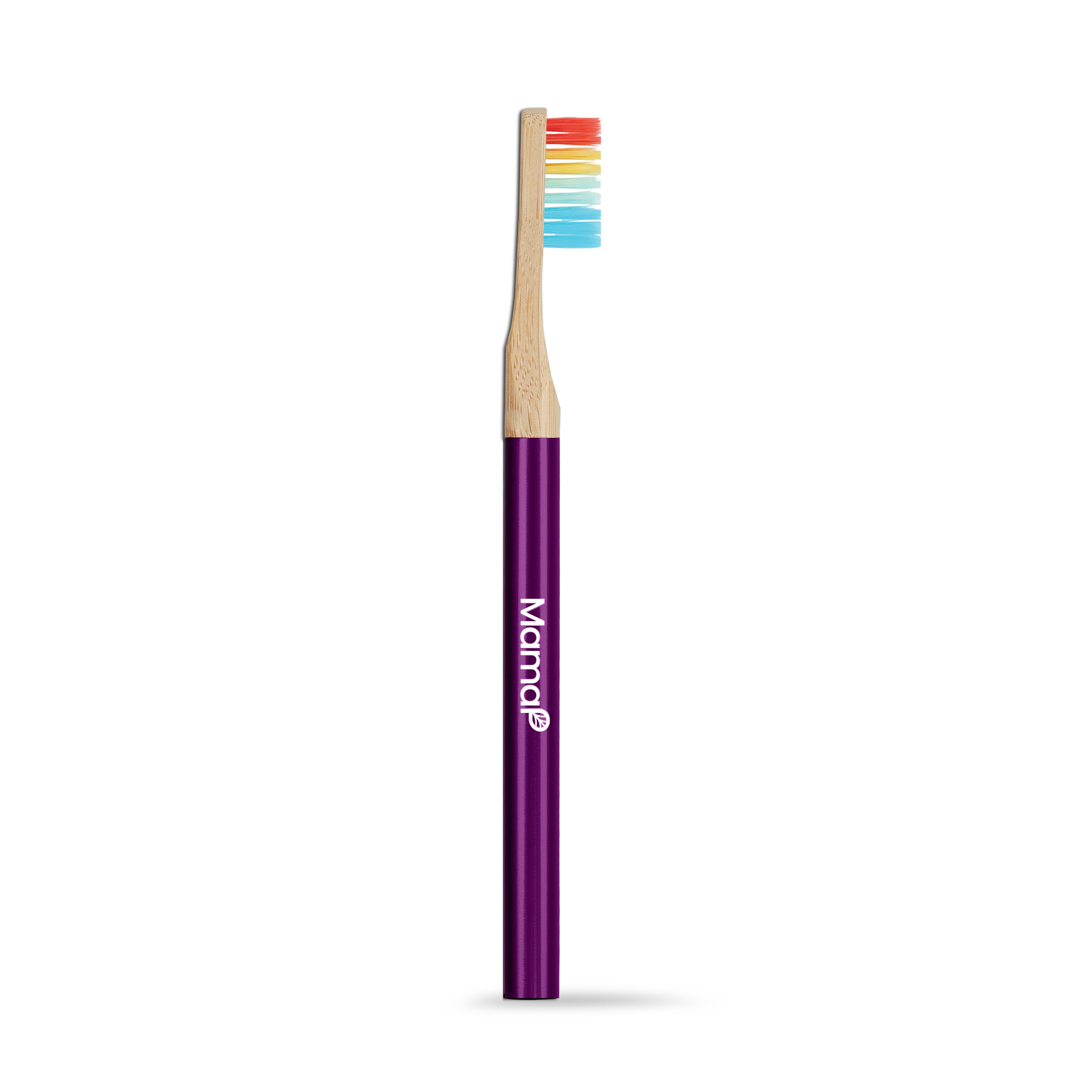 Purple toothbrush with rainbow bristles on a white background