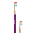 Two bamboo toothbrushes with rainbow bristles and a purple handle on a white background.