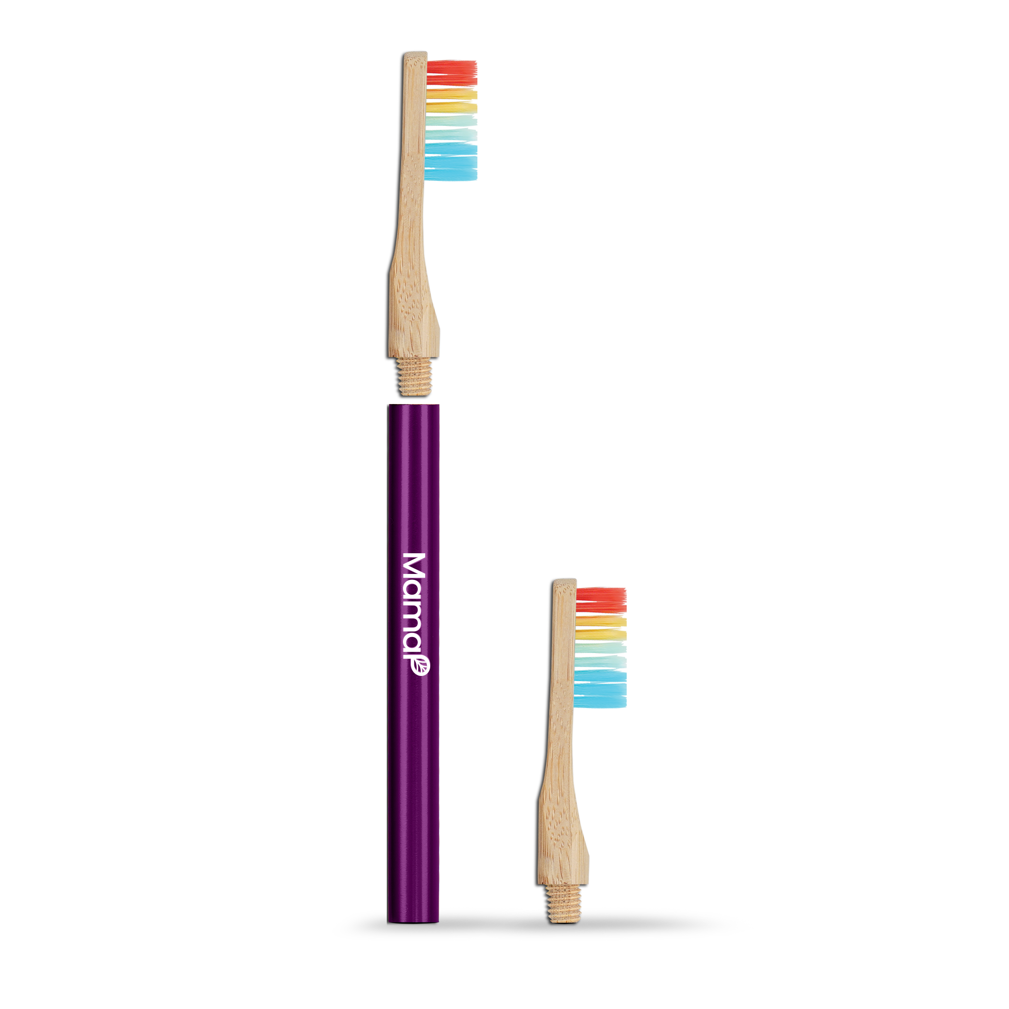 Two bamboo toothbrushes with rainbow bristles and a purple handle on a white background.